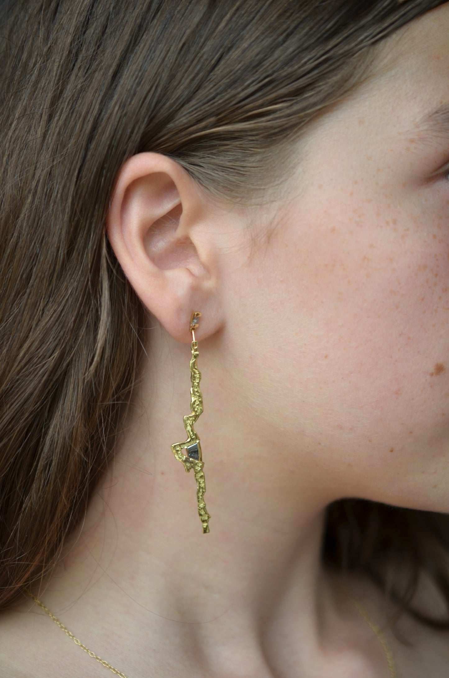 Jagged molten gold baguette diamond drop earrings