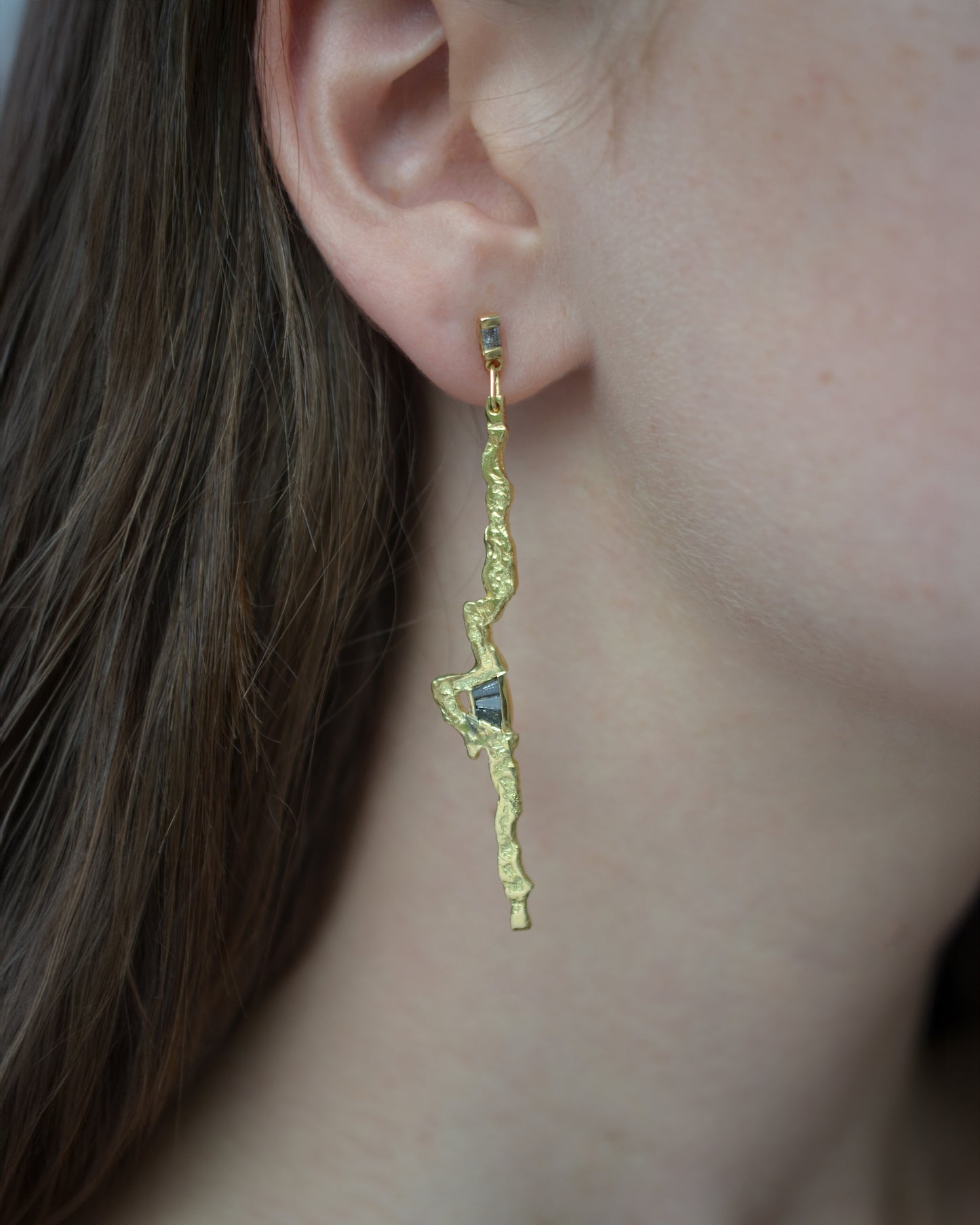 Jagged molten gold baguette diamond drop earrings